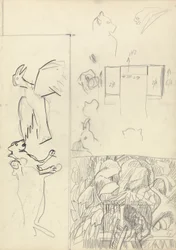 Études de maisons dans les arbres, animaux et plan d